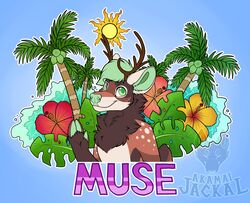  2019 anthro antlers badge blue_background brown_antlers brown_body brown_fur brown_hooves bust_portrait character_name coconut coconut_palm coconut_tree deer digital_drawing_(artwork) digital_media_(artwork) drupe_(fruit) flat_colors flower fluffy_chest food fruit fruit_tree fur green_eyes green_hair green_hooves green_inner_ear green_nose hair hi_res hibiscus hoof_hands hooves horn leaf looking_at_viewer male male_anthro maligaytor mammal markings multicolored_hooves nude outline paint_tool_sai_(artwork) palm_tree plant portrait purple_text simple_background smile snout solo spots spotted_markings sun tan_body tan_fur text tree tropical two_tone_hooves water watermark white_outline 