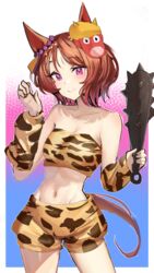  animal_ears animal_print bare_shoulders border breasts brown_hair club_(weapon) commentary_request cowboy_shot crop_top detached_sleeves ear_ornament female flower_in_eye gradient_background highres holding holding_club holding_weapon horse_ears horse_girl horse_tail leopard_print looking_at_viewer mask medium_breasts oni_mask orange_shorts pink_eyes sakura_laurel_(oni_laurel)_(umamusume) sakura_laurel_(umamusume) short_hair shorts solo solokitsune symbol-shaped_pupils symbol_in_eye tail umamusume umamusume:_star_blossom weapon white_border 