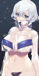  aqua_eyes bikini blue_hair breasts cleavage cropped_jacket crossed_bangs female groin hair_between_eyes high_collar highres jacket large_breasts light_blue_hair long_sleeves looking_at_viewer midriff murata_tefu navel original see-through see-through_cleavage see-through_jacket see-through_sleeves short_hair simple_background string_bikini swimsuit underboob 