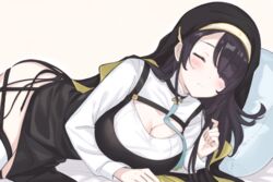  black_hair blue_archive blue_necktie blush breasts cleavage cleavage_cutout closed_eyes closed_mouth clothing_cutout commentary_request female garter_belt habit hair_over_one_eye hinata_(blue_archive) large_breasts long_hair lying necktie no_halo nun on_side partial_commentary sa_(nax49) sleeping solo thighhighs wavy_hair 