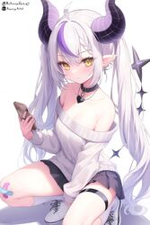  absurdres ahoge ai-assisted alternate_costume bandaid bandaid_on_leg breasts choker demon_horns ear_piercing english_commentary female frqz_bijutsu grey_hair highres hololive horns la+_darknesss long_hair looking_at_viewer multicolored_hair phone piercing pointy_ears purple_hair small_breasts socks solo streaked_hair tail twintails very_long_hair virtual_youtuber yellow_eyes 