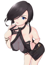  anchor_earrings animal_ears ark_royal_(azur_lane) ark_royal_(guardian_of_the_ball)_(azur_lane) azur_lane bare_shoulders black_dress black_gloves black_hair blue_eyes breasts cleavage cocktail_dress commentary_request covered_nipples dress earrings female gloves hair_over_one_eye half_gloves halter_dress halterneck highres jewelry large_breasts leaning_forward official_alternate_costume parted_lips red_lips see-through see-through_dress simple_background solo white_background zubi_(skylinezb) 