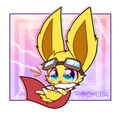  2021 chibi eeveelution eyewear eyewear_on_head feral fur generation_1_pokemon goggles goggles_on_head jolteon male neck_tuft nintendo open_mouth pokemon pokemon_(species) scarf shrike_alvaron simple_background solo teal_eyes tuft white_body white_fur xtremityy yellow_body yellow_fur 