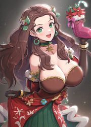  bare_shoulders breasts brown_hair candy candy_cane christmas christmas_wreath_earrings cleavage collarbone commentary dorothea_arnault dorothea_arnault_(winter) dress earrings female fire_emblem fire_emblem:_three_houses fire_emblem_heroes fire_emblem_warriors:_three_hopes food gift gingerbread_man gonzarez green_dress green_eyes hair_ornament highres holly_hair_ornament jewelry large_breasts looking_at_viewer official_alternate_costume official_alternate_hairstyle open_mouth red_dress smile solo teeth upper_teeth_only 