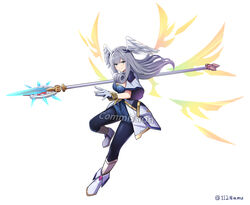  black_pantyhose blue_dress blue_eyes boots breasts cleavage closed_mouth commentary commission dress english_commentary feathered_wings female floating_hair full_body gloves grey_gloves grey_hair grey_jacket head_wings highres holding holding_polearm holding_weapon jacket long_hair looking_at_viewer medium_breasts melia_antiqua namu_(112namu) pantyhose polearm short_sleeves sidelocks simple_background smile solo spear twitter_username watermark weapon white_background white_footwear white_wings wide_sleeves wings xenoblade_chronicles_(series) xenoblade_chronicles_1 