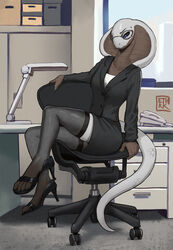  anthro black_sclera blue_eyes bottomwear brown_body brown_scales business_attire business_suit chair clothed clothing cobra curvy_figure ethrk eyewear female footwear fully_clothed furniture glasses hi_res high_heels hourglass_figure inside legwear long_tail nawa_(ethrk) office office_chair office_lady reptile scales scalie sitting skirt slim small_waist snake snake_hood solo suit tail thigh_highs white_body white_scales 