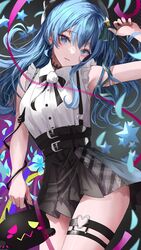  alternate_costume alternate_hairstyle anklet armpits beret bibi_(tokoyami_towa) black_bow black_bowtie black_hat black_skirt blue_eyes blue_flower blue_hair blush bow bowtie breasts choker collared_shirt commentary_request cosplay fake_horns female flower frilled_shirt frilled_sleeves frills hat heart_o-ring high-waist_skirt highres holding hololive horned_headwear horns hoshimachi_suisei jewelry long_hair looking_at_viewer lying o-ring o-ring_thigh_strap official_alternate_costume official_alternate_hairstyle on_back open_mouth pleated_skirt pom_pom_(clothes) shirt short_sleeves skirt small_breasts solo star_(symbol) streamers suspender_skirt suspenders thigh_strap tokoyami_towa tokoyami_towa_(cosplay) tokoyami_towa_(jirai_kei) virtual_youtuber white_shirt yusuke_(shiota) 