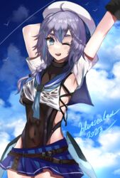  aether_gazer ahoge armpits arms_up belt beret black_belt black_leotard blue_eyes blue_sailor_collar blue_sealad blue_skirt blue_sky braid cloud commentary covered_navel cowboy_shot day female grey_hair hat highres leotard long_hair miniskirt pleated_skirt sailor_collar skadi_(aether_gazer) skirt sky solo standing white_hat 