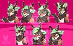  2019 annoyed anthro antlers blush brown_antlers brown_body brown_fur brown_hooves closed_eyes compression_artifacts deer digital_drawing_(artwork) digital_media_(artwork) ears_down facepalm finger_gun flat_colors fluffy_chest fur gesture green_eyes green_hair green_hooves green_inner_ear green_nose green_tongue hair hand_gesture hi_res hoof_hands hooves horn hypnosis male male_anthro maligaytor mammal markings mind_control multicolored_hooves muse nude one_eye_closed open_mouth open_smile outline paint_tool_sai_(artwork) pink_background pivoted_ears pleading_eyes red_blush ringed_eyes simple_background smile snout solo spots spotted_markings sticker_pack tan_body tan_fur teeth tongue two_tone_hooves watermark white_outline wink 