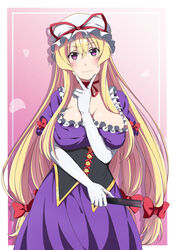  absurdres blonde_hair blush bow breasts cleavage corset dress dress_bow elbow_gloves female frilled_dress frills gloves hairbow hat hat_ribbon highres kyoukyan long_hair mob_cap neck_ribbon puffy_short_sleeves puffy_sleeves purple_dress purple_eyes red_bow red_ribbon ribbon short_sleeves simple_background solo touhou white_gloves yakumo_yukari 