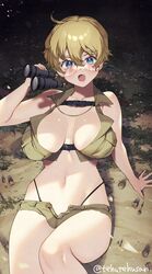  binoculars blonde_hair blue_eyes blush breasts brown_shorts brown_skirt chest_strap cleavage collared_shirt female glasses hair_between_eyes highleg highleg_panties highres holding holding_binoculars large_breasts looking_at_viewer midriff murata_tefu navel on_ground open_clothes open_fly open_mouth open_shirt original panties revealing_clothes round_eyewear shirt short_hair short_shorts shorts skirt torn_clothes unbuttoned underwear 