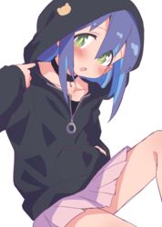  :o bare_legs black_choker black_hoodie blue_hair blush choker collarbone colored_inner_hair commentary eyes_visible_through_hair female green_eyes hair_between_eyes hand_in_pocket hatafuta hood hood_up hoodie long_sleeves looking_at_viewer miniskirt multicolored_hair onii-chan_wa_oshimai! open_mouth pink_skirt pleated_skirt simple_background skirt solo tenkawa_nayuta two-tone_hair white_background 