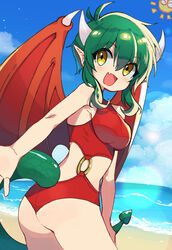  ass beach bikini blue_sky breasts cloud cowboy_shot draco_centauros dragon_girl dragon_tail dragon_wings eyelashes female green_hair highres horns large_breasts looking_back madou_monogatari no_nose o-ring ocean oerba_yun_fang open_mouth outdoors pointy_ears puyopuyo red_bikini red_wings skin_fang sky smile solo sun swimsuit tail white_horns wings yellow_eyes yomoi 