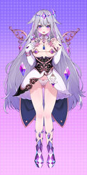  absurdres adapted_costume breasts cameltoe circlet colored_inner_hair dress female full_body grey_hair highres hololive hololive_english jewel_under_eye koseki_bijou koseki_bijou_(1st_costume) long_hair looking_at_viewer multicolored_hair open_mouth petite purple_eyes small_breasts smile solo swimsuit virtual_youtuber waterring white_dress 