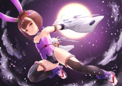  animal_ears armpits arms_up bare_shoulders black_leotard black_thighhighs breasts brown_eyes brown_hair choker cloud commission detached_sleeves fake_animal_ears female flower_knight_girl full_moon hagi_(flower_knight_girl) highres jitte jumping leotard moon moonlight nakaishow night night_sky ninja outdoors outstretched_arms playboy_bunny rabbit_ears sai_(weapon) sandals short_hair skeb_commission sky small_breasts smile socks solo star_(sky) starry_sky tabi thighhighs thighs weapon white_sleeves white_socks zouri 