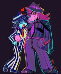  ambiguous_gender anthro black_background blue_body blue_hair blue_skin blush clothing deltarune duo ear_piercing fedora female female/ambiguous gangster hair hand_around_waist hat headgear headwear heart_symbol hi_res human kris_(deltarune) mammal monster necktie pattern_clothing pattern_shirt pattern_suit pattern_topwear piercing pink_body pink_scales red_blush scales scalie shirt simple_background soul_(undertale) striped_clothing striped_shirt striped_suit striped_topwear stripes suit susie_(deltarune) topwear undertale_(series) v_rawr 