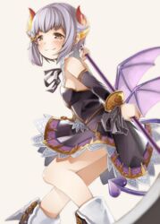  bare_shoulders black_dress black_footwear black_sleeves blurry blurry_foreground blush boots breasts brown_eyes closed_mouth commentary_request demon_tail demon_wings depth_of_field detached_sleeves dress feet_out_of_frame female from_side granblue_fantasy grey_background grey_hair hair_flaps highres holding holding_scythe idolmaster idolmaster_cinderella_girls koshimizu_sachiko long_sleeves pink_wings scythe simple_background small_breasts smile solo tail wings yukie_(kusaka_shi) 