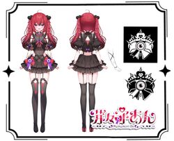  bow commentary_request female hair_ornament hairclip high_heels hisagi_(puchimaple) mememori_an multiple_views purple_eyes red_hair reference_sheet thighhighs twintails vee_(vtuber) virtual_youtuber 