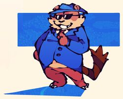  2023 anthro biped brown_body clothing eyewear hat headgear headwear hi_res killer_outlet mammal mo_(undertale_yellow) necktie procyonid raccoon shirt simple_background slightly_chubby smile solo sunglasses topwear undertale_yellow 