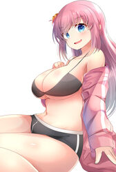  aru_(arudes) bare_shoulders black_bra black_shorts blue_eyes blush bocchi_the_rock! bra breasts cleavage commentary female from_side gotoh_hitori highres huge_breasts jacket long_hair long_sleeves looking_at_viewer micro_shorts navel nervous_smile one_side_up open_clothes open_jacket open_mouth pink_hair pink_jacket shorts sidelocks simple_background sitting smile solo sweatdrop thighs track_jacket underwear wariza white_background 