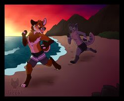  2020 akamai_(maligaytor) anthro beach black_border black_claws black_nose black_pawpads border brown_body brown_fur canid canine canis cel_shading chasing cheek_tuft claws clothed clothing detailed_background digital_drawing_(artwork) digital_media_(artwork) digitigrade domestic_dog ears_back eze_(ezekeil42) facial_tuft finger_claws fist fluffy_chest footprints fur gradient_eyes green_eyes grey_body grey_claws grey_fur grey_hair hair hi_res hindpaw husky jackal looking_at_another looking_back looking_back_at_another male male_anthro maligaytor mammal maned_wolf markings mountain nordic_sled_dog one_eye_closed open_mouth open_smile outside paint_tool_sai_(artwork) pawpads paws pink_eyes pink_tongue pivoted_ears plant running sand sea seaside shaded shrub smile snout solo spitz striped_markings striped_tail stripes sunset swimming_trunks swimwear tail tail_markings tan_body tan_fur teeth toe_claws tongue tongue_out topless tuft water watermark whisker_spots wink winking_at_another yellow_eyes 