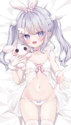  :d animal_ears babydoll bed_sheet blue_eyes bow bow_panties breasts collarbone commentary_request female grey_hair hair_between_eyes hairband highres hoshi_(snacherubi) looking_at_viewer lying navel on_back original outstretched_arm panties pink_bow rabbit_ears see-through skindentation small_breasts smile solo stuffed_animal stuffed_rabbit stuffed_toy thighhighs twintails underwear underwear_only white_hairband white_panties white_thighhighs 