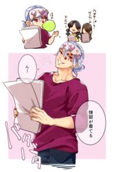  1boy 2girls black_pants chibi grey_hair headband highres holding holding_paper jewelry kimetsu_gakuen kimetsu_no_yaiba kina_izu low_ponytail multiple_girls pants paper pink_eyes pink_shirt shirt smile speech_bubble teeth translation_request uzui_tengen 