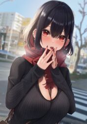  absurdres amane_sora between_breasts black_nails black_sweater blush breasts cleavage cold colored_inner_hair commentary_request ear_piercing female fingernails heart heart-shaped_pupils highres large_breasts looking_at_viewer multicolored_hair nail_polish open_mouth original outdoors piercing red_scarf scarf solo strap_between_breasts sweater symbol-shaped_pupils 