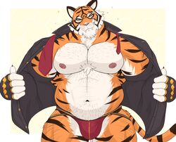  1boy absurdres animal_ears bara bare_pectorals belly bikini_briefs bulge chest_tuft commentary cowboy_shot fortnite furry furry_male highres isaac_(isaacyote) large_pectorals looking_at_viewer male_focus male_underwear mature_male muscular muscular_male necktie orange_fur oscar_(fortnite) pectorals plump red_male_underwear short_hair solo sparse_chest_hair sparse_navel_hair superman_exposure thick_eyebrows tiger_boy tiger_ears underwear undone_necktie white_fur 