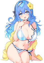  bare_shoulders bikini black_choker blue_eyes blue_hair blue_nails breasts choker cleavage collarbone cu-no drill_hair female flower frilled_bikini frills hair_flower hair_ornament hairband halterneck hand_up highres hisen_kaede kohitsuji_ai large_breasts long_hair looking_at_viewer nail_polish navel open_mouth sash side-tie_bikini_bottom simple_background sitting skindentation smile solo stomach string_bikini swimsuit thighs white_background white_bikini 