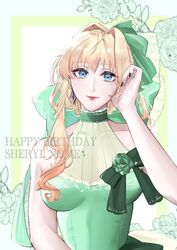  absurdres adjusting_hair bare_arms bare_shoulders birthday blonde_hair blue_eyes breasts character_name closed_mouth collarbone commentary_request dress earrings female floral_background green_dress green_nails green_ribbons hair_intakes hair_ribbon hand_up happy_birthday highres jewelry kabu_(kaopako_) large_breasts long_hair looking_at_viewer macross macross_frontier red_lips ribbon sheryl_nome signature single_earring single_sidelock sleeveless sleeveless_dress smile solo twitter_username upper_body 