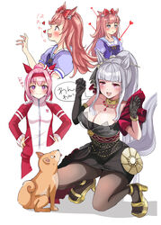  3girls agnes_digital_(umamusume) animal_ears arrow_(projectile) asymmetrical_gloves black_dress black_gloves blue_eyes blush breasts canine collarbone commentary_request dress ear_covers ear_ornament elbow_gloves gloves gold_footwear gold_ship_(la_mode_564)_(umamusume) gold_ship_(umamusume) hanamura_pink haru_urara_(umamusume) highres horse_ears horse_girl horse_tail jacket jewelry large_breasts multiple_girls necklace official_alternate_costume official_alternate_hairstyle open_mouth pantyhose pink_eyes pink_hair ponytail sandals school_uniform simple_background smile summer_uniform tail tracen_school_uniform tracen_training_uniform track_jacket translation_request umamusume white_background 