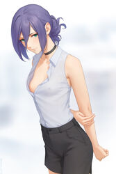  black_choker black_shorts breasts chainsaw_man choker closed_mouth collared_shirt covered_nipples female green_eyes hair_between_eyes hair_bun highres looking_at_viewer medium_breasts miura-n315 no_bra purple_hair reze_(chainsaw_man) shirt short_hair shorts single_hair_bun sleeveless sleeveless_shirt smile solo underwear white_shirt 