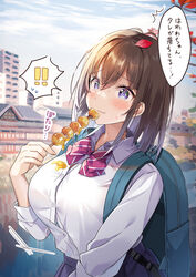  ! !! ? @_@ autumn_leaves backpack bag blue_skirt blush bra bra_peek breasts brown_hair button_gap buttons canal city closed_mouth cloud collarbone collared_shirt colored_inner_hair commentary dango day eating female food food_on_clothes hawawa-chan_(shiro_kuma_shake) highres large_breasts leaf leaf_on_head long_sleeves looking_at_viewer multicolored_hair original outdoors purple_eyes purple_hair school_uniform shiro_kuma_shake shirt sidelocks skirt sky solo spoken_question_mark standing tight_clothes translated two-tone_hair underwear wagashi white_shirt 