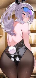  alternate_costume ass back backless_leotard bare_arms bare_shoulders black_leotard black_pantyhose blush commentary_request detached_collar eyewear_on_head fake_tail female from_behind grey_hair hair_between_eyes hair_ornament highres honkai:_star_rail honkai_(series) leotard long_hair looking_at_viewer looking_back pantyhose parted_lips playboy_bunny ponytail purple_eyes rabbit_tail shiben_(ugvu5784) silver_wolf_(honkai:_star_rail) solo tail thighs 