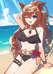  absurdres animal_ears arm_behind_head arm_support beach bikini black_bikini black_bracelet blue_eyes blue_sky bracelet breasts brown_hair chains collarbone eyewear_on_head female flower heart heart-shaped_eyewear highres horse_ears horse_girl jewelry large_breasts long_hair looking_at_viewer maruzensky_(blasting_off_summer_night)_(umamusume) maruzensky_(umamusume) navel one_eye_closed open_mouth orange-tinted_eyewear shore sky solo sunglasses swimsuit tassel thigh_strap tinted_eyewear umamusume very_long_hair white-framed_eyewear yomoi 