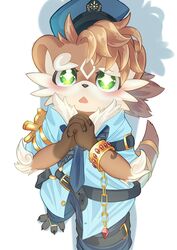  absurd_res anthro blush bracelet brown_body brown_fur calicolycoris clothing fur glistening glistening_eyes green_eyes hat headgear headwear hi_res jewelry lifewonders male mammal mustelid otter otter_(tas) pleading_eyes police police_hat police_uniform solo tokyo_afterschool_summoners uniform 