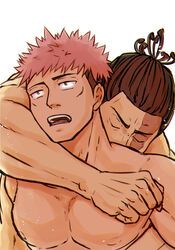  2boys arm_around_neck bara black_hair closed_eyes couple forearms highres itadori_yuuji jujutsu_kaisen kissing_back kobikimaru male_focus multiple_boys muscular muscular_male nude pectorals scar scar_across_eye short_hair sideburns toned toned_male torogao toudou_aoi_(jujutsu_kaisen) undercut upper_body yaoi 