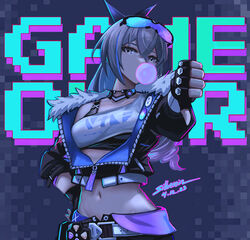  black_gloves black_jacket black_ribbon black_shorts blowing_bubbles breasts chewing_gum collarbone commentary cropped_jacket dated english_commentary female fingerless_gloves fur-trimmed_jacket fur_trim game_over gloves goggles goggles_on_head grey_eyes grey_hair hair_between_eyes hair_ribbon highres honkai:_star_rail honkai_(series) jacket long_sleeves medium_breasts navel outstretched_arm puffy_long_sleeves puffy_sleeves ribbon shorts signature silberein silver_wolf_(honkai:_star_rail) solo text_background thumbs_down 