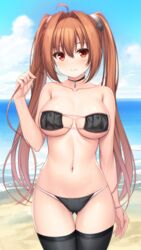  absurdres ahoge beach bikini black_bikini black_thighhighs blue_sky blush breasts brown_eyes brown_hair closed_mouth cloud collarbone commentary_request commission day eiyuu_densetsu estelle_bright eyepatch_bikini female hair_intakes highres kageira large_breasts long_hair looking_at_viewer navel ocean outdoors sen_no_kiseki sen_no_kiseki_iv skeb_commission sky solo swimsuit thighhighs twintails 