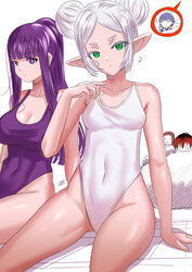  2girls ? absurdres breasts commentary elf fern_(sousou_no_frieren) frieren green_eyes highres himmel_(sousou_no_frieren) kein_hasegawa large_breasts long_hair looking_at_viewer multiple_girls pointy_ears purple_eyes purple_hair sein_(sousou_no_frieren) sitting small_breasts sousou_no_frieren stark_(sousou_no_frieren) swimsuit thighs 