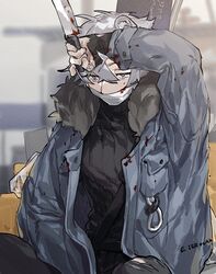  1boy animal_ears arknights bear_boy bear_ears black_pants blood blood_on_face blood_on_knife blue_jacket fur-trimmed_jacket fur_trim grey_eyes grey_hair hair_between_eyes holding holding_knife ierotak jacket jaye_(arknights) knife long_sleeves male_focus mask mouth_mask pants ribbed_sweater solo sweater turtleneck turtleneck_sweater twitter_username white_mask 