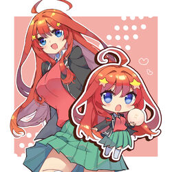  ahoge arms_behind_back black_jacket blue_eyes border breasts chibi collared_shirt eyelashes female go-toubun_no_hanayome green_skirt hair_ornament heart holding jacket large_breasts long_hair long_sleeves nakano_itsuki open_mouth red_hair red_sweater_vest shirt skirt star_(symbol) star_hair_ornament sweater_vest white_border yomoi 