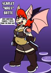  anthro bat chest_tuft clothed clothing english_text female fully_clothed hair holding_object ifra looking_at_viewer mammal nails_the_bat_(ifra) red_hair slightly_chubby slightly_chubby_anthro slightly_chubby_female solo speech_bubble standing text tuft 