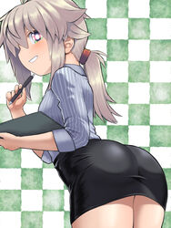  antenna_hair ass black_skirt blush breasts brown_hair checkered_background clipboard collared_shirt commentary_request female grey_shirt hair_between_eyes highres holding holding_pencil koshirae_tsurugi_(m.m) leaning_forward long_hair long_sleeves looking_at_viewer looking_to_the_side low_ponytail m.m original pencil pencil_skirt ponytail profile shirt sidelocks skirt small_breasts smile solo striped_clothes striped_shirt vertical-striped_clothes vertical-striped_shirt 