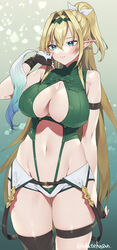  animal armband bare_shoulders blonde_hair blue_eyes bow breasts brown_gloves cleavage cleavage_cutout clothing_cutout elf female fingerless_gloves gloves groin hair_between_eyes hairband hairbow high_ponytail highres holding holding_animal large_breasts long_hair midriff murata_tefu navel original pointy_ears short_shorts shorts single_thighhigh solo suspender_shorts suspenders suspenders_hanging thigh_strap thighhighs white_bow white_shorts 