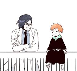  1boy against_railing black_hair black_hakama bleach bleach:_epilogue blue_shirt blush bow choko_egg closed_eyes full_body glasses hakama happy highres ishida_uryuu japanese_clothes kurosaki_kazui lab_coat male_focus on_railing open_mouth railing sandals shirt sitting standing white_background zouri 