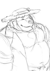  2019 absurd_res anthro bear belly bottomwear closed_eyes clothed clothing hat headgear headwear hi_res jambavan_(tas) lifewonders male mammal monochrome open_clothing open_shirt open_topwear overweight overweight_anthro overweight_male shirt shorts simple_background solo straw_hat tokyo_afterschool_summoners topwear watoson 