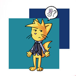  1:1 clothed clothing digital_media_(artwork) domestic_cat el_senor_erizo fanny_(el_senor_erizo) felid feline felis fluffy fluffy_tail fur male mammal necktie shirt simple_background solo speech_bubble speechless standing tail tom_(el_senor_erizo) topwear whiskers yellow_body yellow_fur 