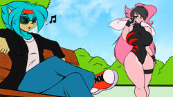  16:9 anthro bench big_breasts big_ears black_hair black_nose breasts chad_hodgeson duo eulipotyphlan eyewear female floppy_ears fur green_eyes hair hedgehog huge_breasts lagomorph leporid long_ears long_hair mammal mastergodai mramp multicolored_body multicolored_fur multicolored_hair park pink_body pink_fur pink_hair plant rabbit rascals reiko_usagi sunglasses tree two_tone_body two_tone_fur two_tone_hair wide_hips widescreen 